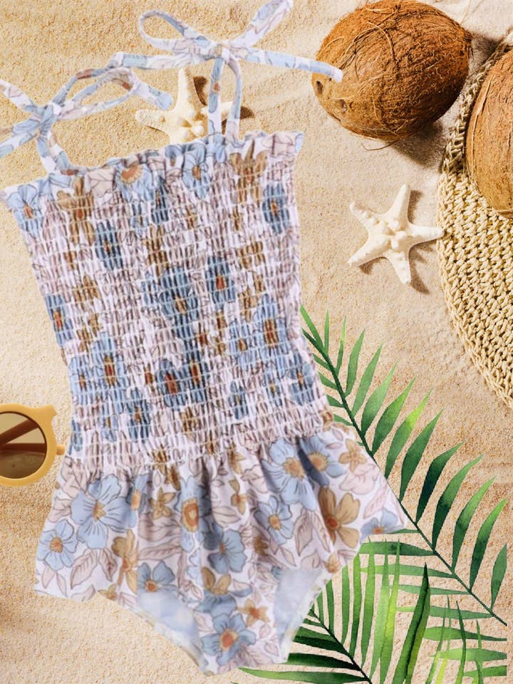 Rufflеѕ & Bоwtіеѕ - Affordable Boys & Girls Clothing - Wholesale One Piece Swimsuit - Kids - CLEARANCE Girl Swimsuits - Blue & Tan Floral - 1Pc 0