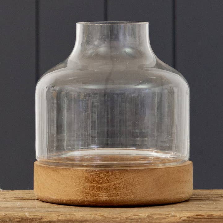 Glass Terrarium With Wood Base, Sm (PC) for wholesale by Audrey's Home & Gift