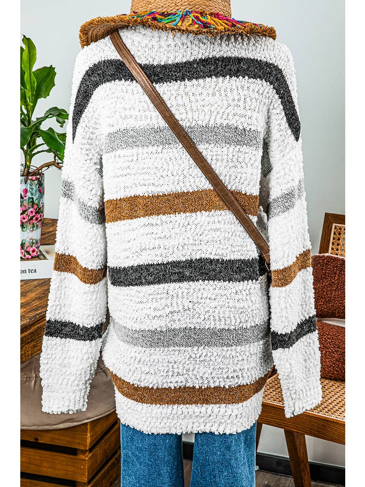 As shown Fashion-W Striped Popcorn Knit Sweater for wholesale on Faire