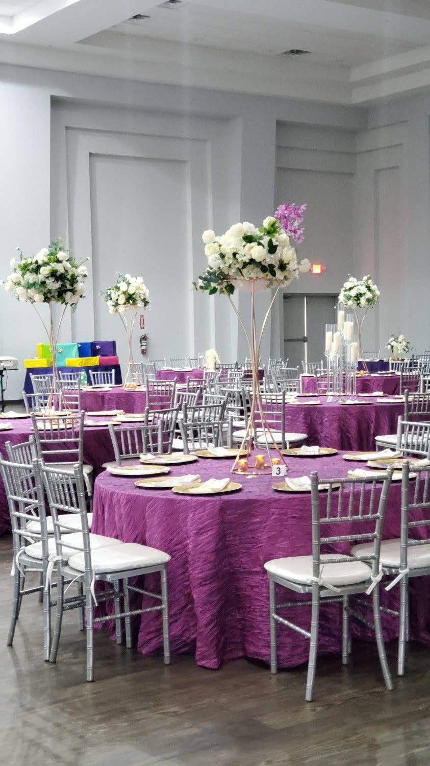 YOUR CHAIR COVERS - Wholesale Tablecloth - 132 inch Crinkle Taffeta Round Tablecloth Purple2