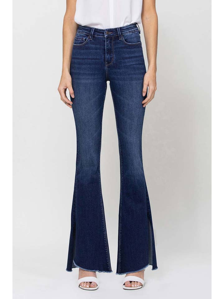 ROLLING IN THE BLUES HIGH RISE SLIT RAW HEM FLARE JEANS F4384 for wholesale on Faire