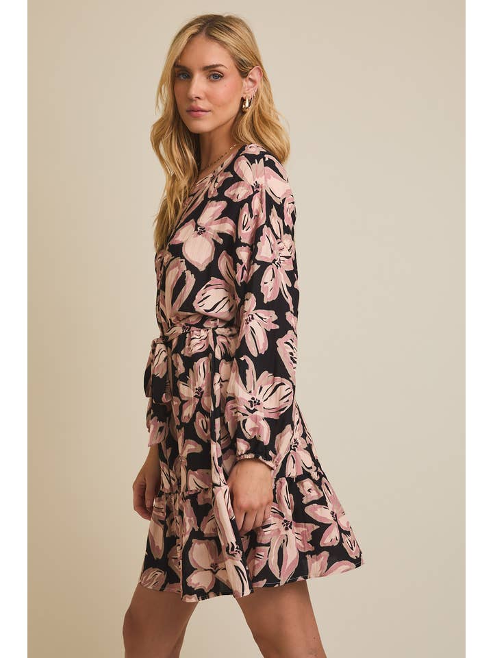 ROUND NECK DROP SHOULDER LONG SLEEVE WAIST TIE FLORAL DRESS for wholesale on Faire1
