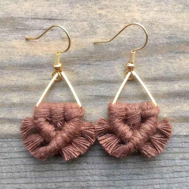 HK Macrame Jewelry - Wholesale Dangle Earrings - Micro Fringe Triangle Earrings - Brown & Gold