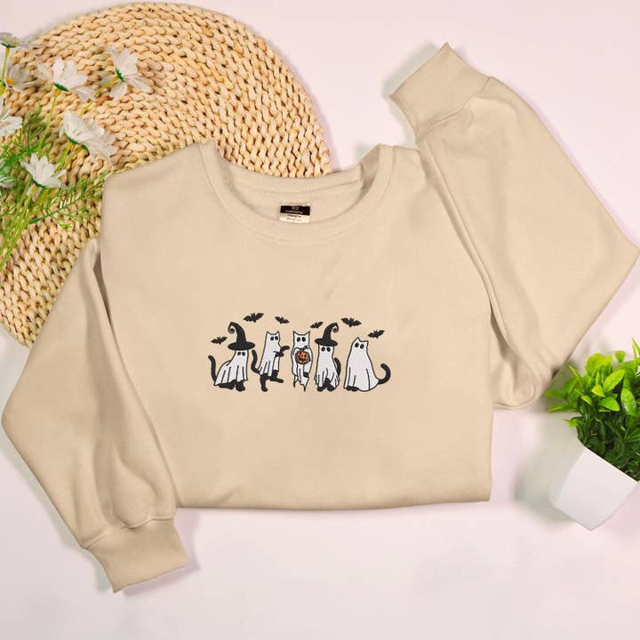 Ghost Cat Pumpkin Embroidered Halloween Sweatshirt for wholesale by Stitchchemy