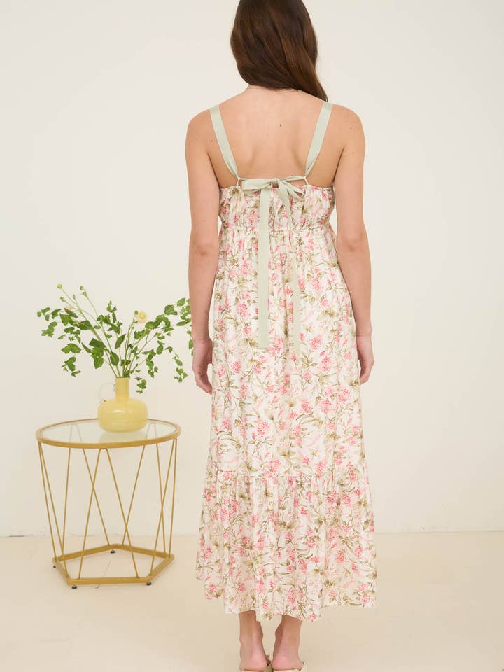 Blu Pepper - Wholesale Dress - Women's - FLORAL LACE TRIM RIBBON STRAP BACK TIE MIDI DRESS