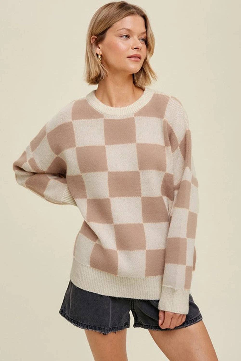 Lovesoft - Wholesale Knit Sweater - Women's - Parchment Checkered Pattern Ribbed Trim Knit Baggy Sweater3