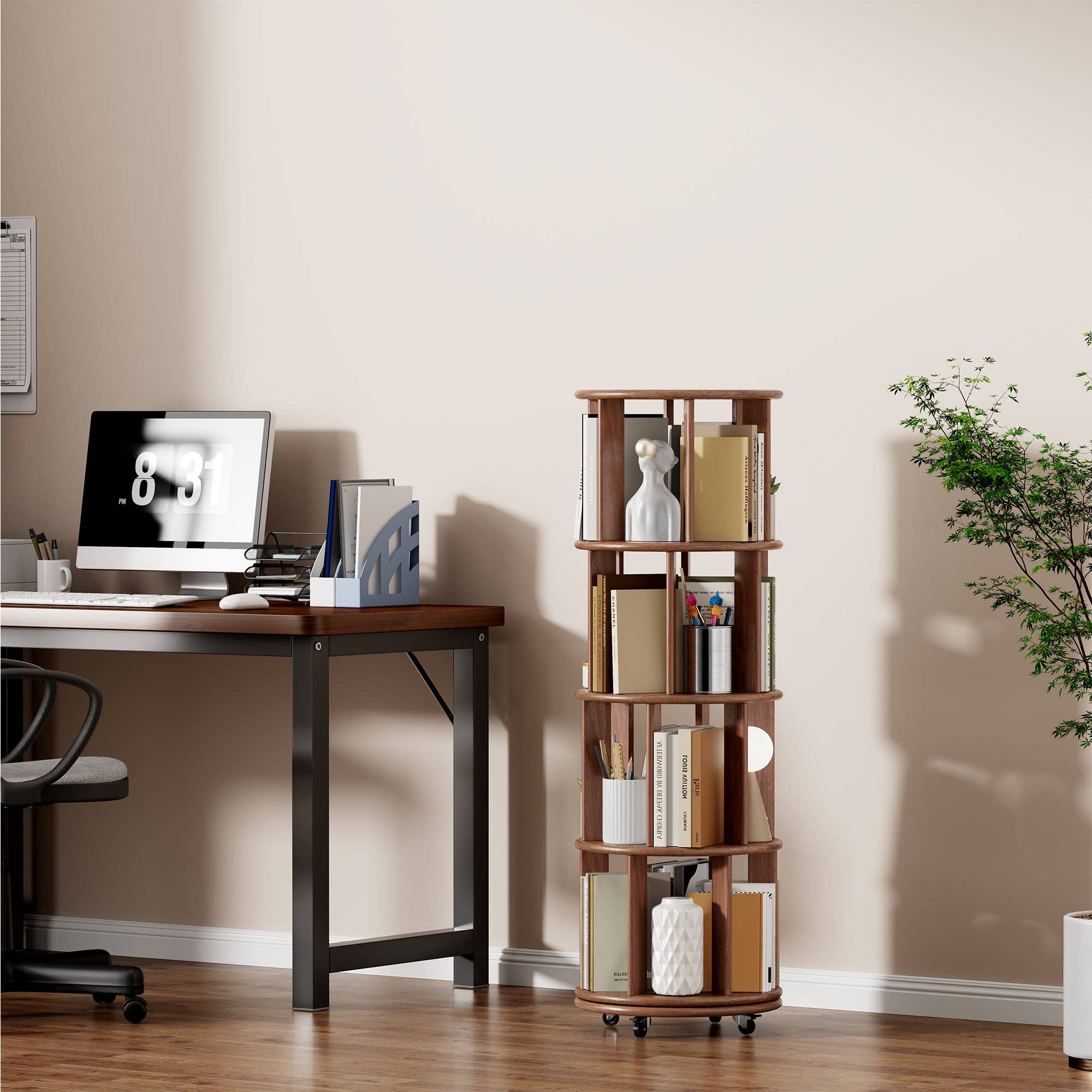 39F Inc. - Wholesale Bookcase - Walnut 4-Tier 100% Solid Wood Rotating Bookshelf with Wheel5
