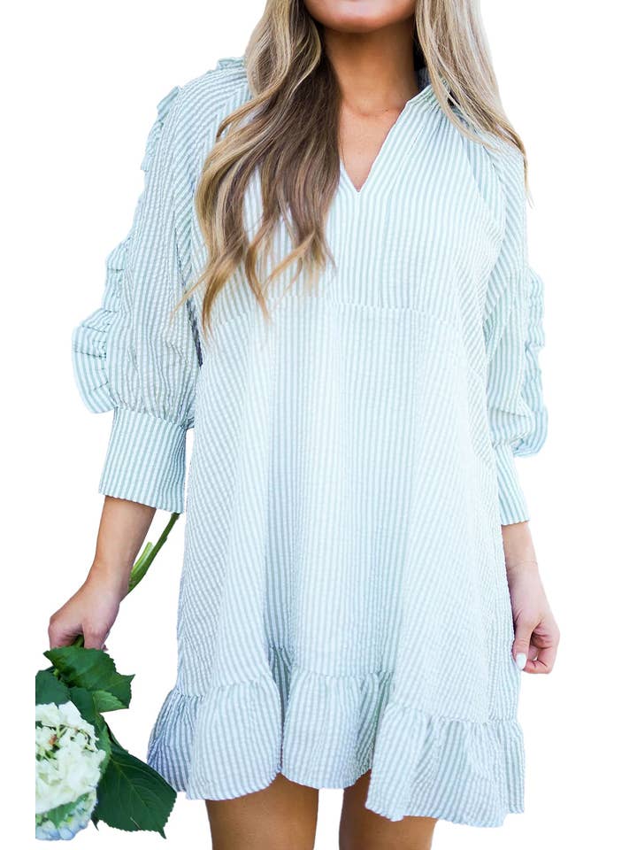 Myosotis Stripe Ruffle 3/4 Sleeve Mini Dress for wholesale on Faire