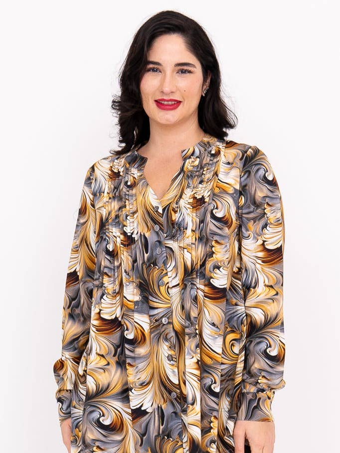 Margate L/S Blouse, Coffee Marble for wholesale by Blue Sky Clothing Co LLC