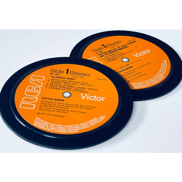 David Bowie. 2 record label coasters. Popsters for wholesale by Popsters