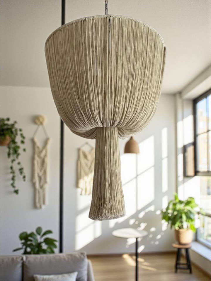 Lustre en macramé, suspension en coton fait main, éclairage pour hauts plafonds et escaliers, tailles personnalisées pour la vente par Joy's Arts