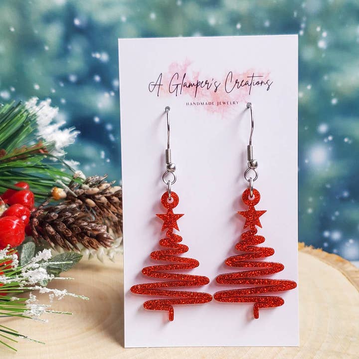 A Glamper's Creations LLC - Wholesale Dangle Earrings - Red Glitter Ribbon Christmas Tree Acrylic Earrings1