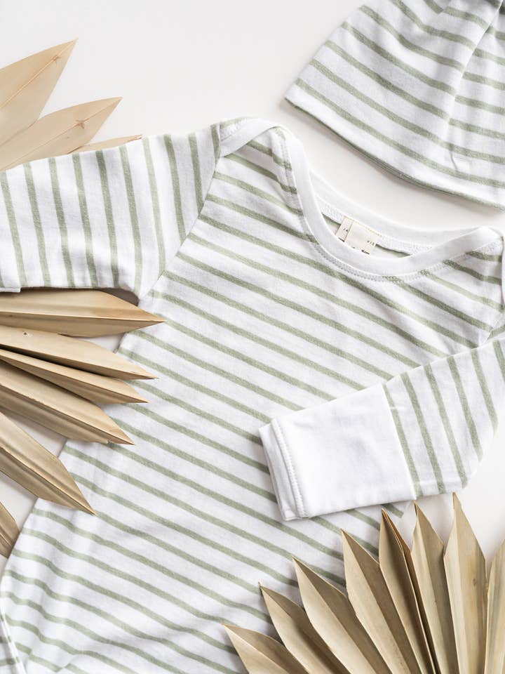 KNOTTED SLEEP GOWN | SAGE + WHITE STRIPE for wholesale by Jack Davis Apparel