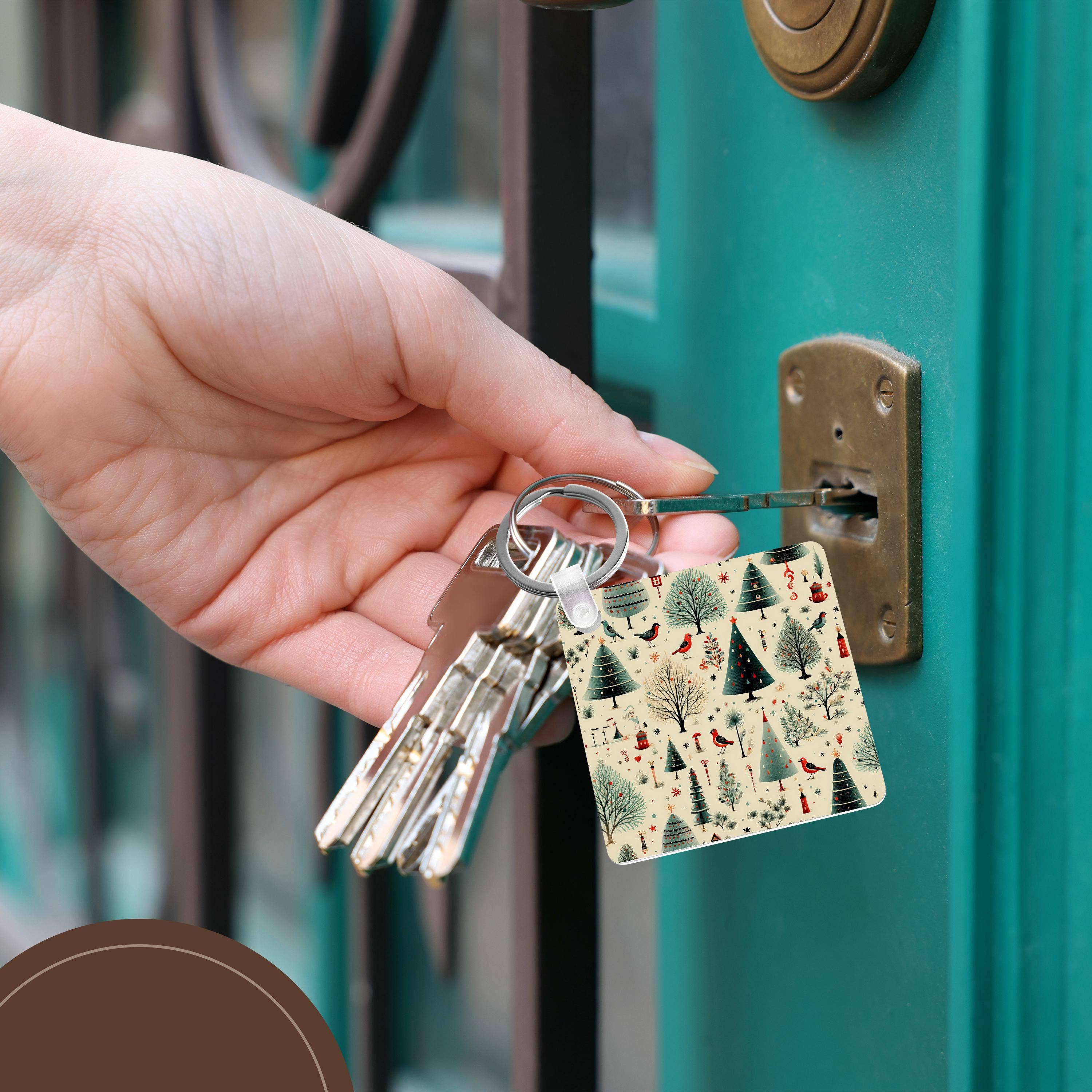 3dRose – Großhandel Schlüsselanhänger – Unisex – 3dRose, Ein verspieltes Weihnachtsmuster mit Vögeln und Vintage-Weihnachtsbäumen. , Schlüsselanhänger5