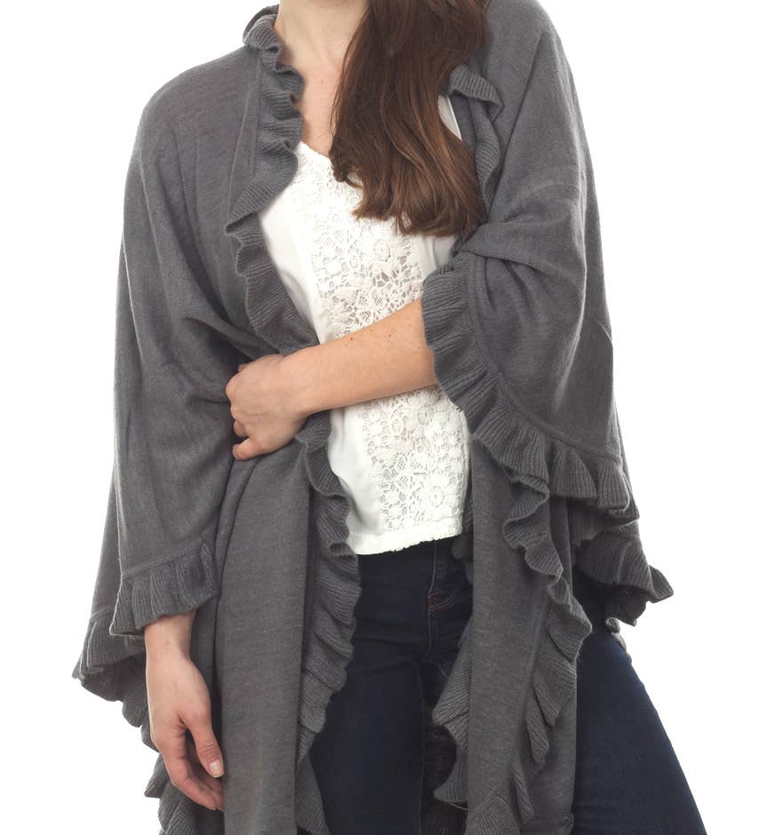 Fennco Styles - Vente Poncho – femme - Poncho Cape pour femme à volants, tricoté, ouvert, chaud et confortable7