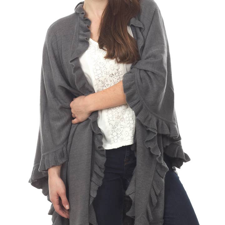 Fennco Styles – wholesale Poncho – Women's – Ruffle Trim Knit Open Front Cozy Warm Women Poncho Cape7