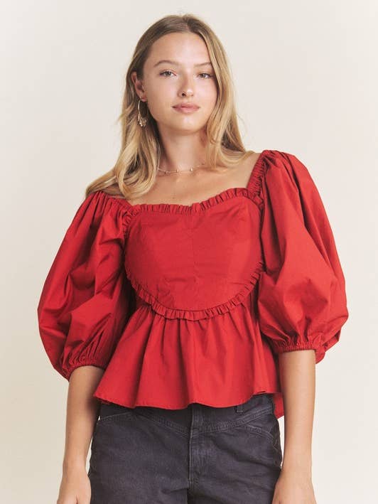 HEART SHAPED BUST 1/2 PUFF SLEEVE PEPLUM TOP for wholesale by JADE BY JANE