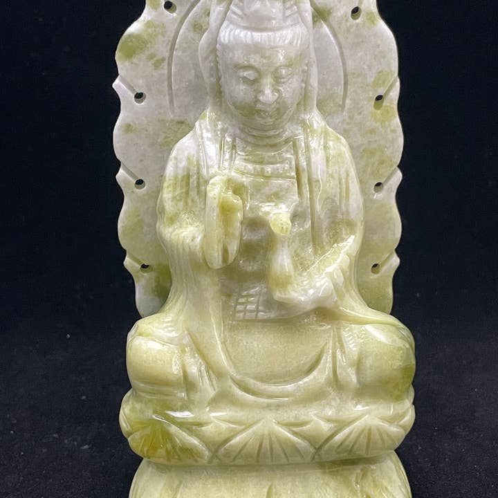 The 7 Directions - Wholesale Sculpture - 6" Serpentine Guan Yin on Lotus carving F35A