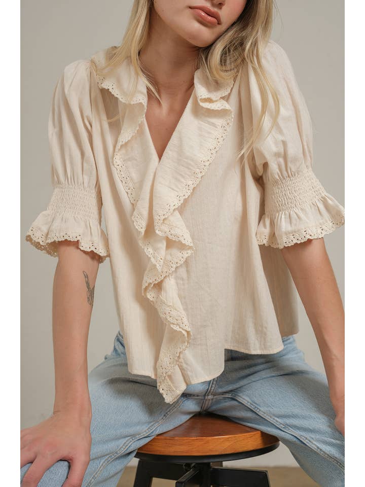 RAISONNEL - Wholesale Blouse - Women's - Ruffle Trim Lace Detail Blouse - RT11794