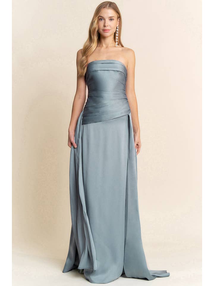 Maniju - Wholesale Dress - Women's - STRAIGHT NECKLINE WITH RUCHING DETAIL MAXI DRESS