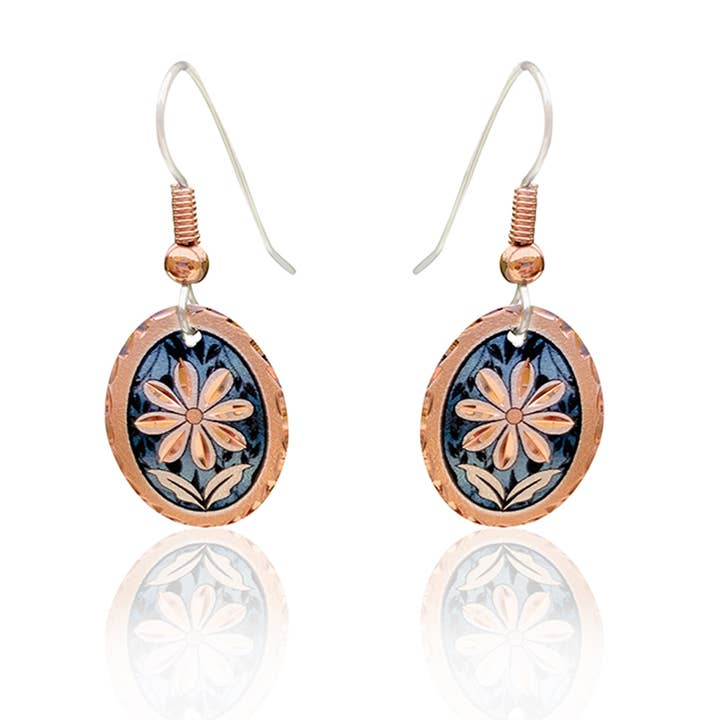 F 19 Dark blue flower oval shape earrings for wholesale by COPPER ARTS INC.