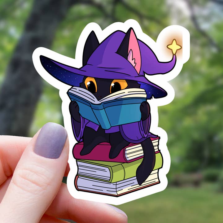 Wizard Cat Reading Books Sticker - 3" for wholesale by Mimic Gaming Co
