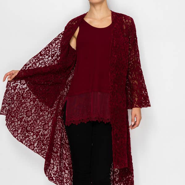 FLORAL EMBRODERED ALL LACE CARDIGAN OLS-4835WINE for wholesale by Origami Apparel ~ Lace and Crochet inspired