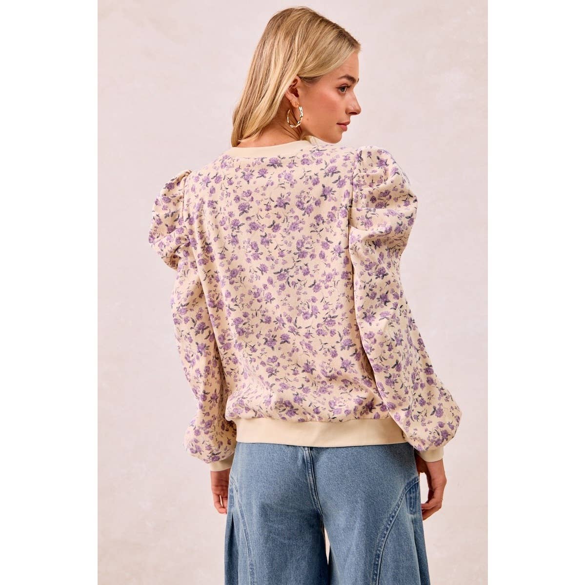 CREAM LAVENDER FLORAL PRINTED CORDUROY TOP for wholesale on Faire3