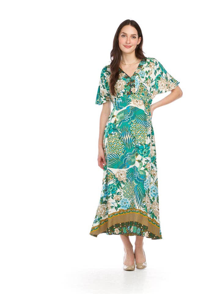 PD16565 GREEN Peacock Printed Maxi Dress with Dolman Sleeves for wholesale on Faire
