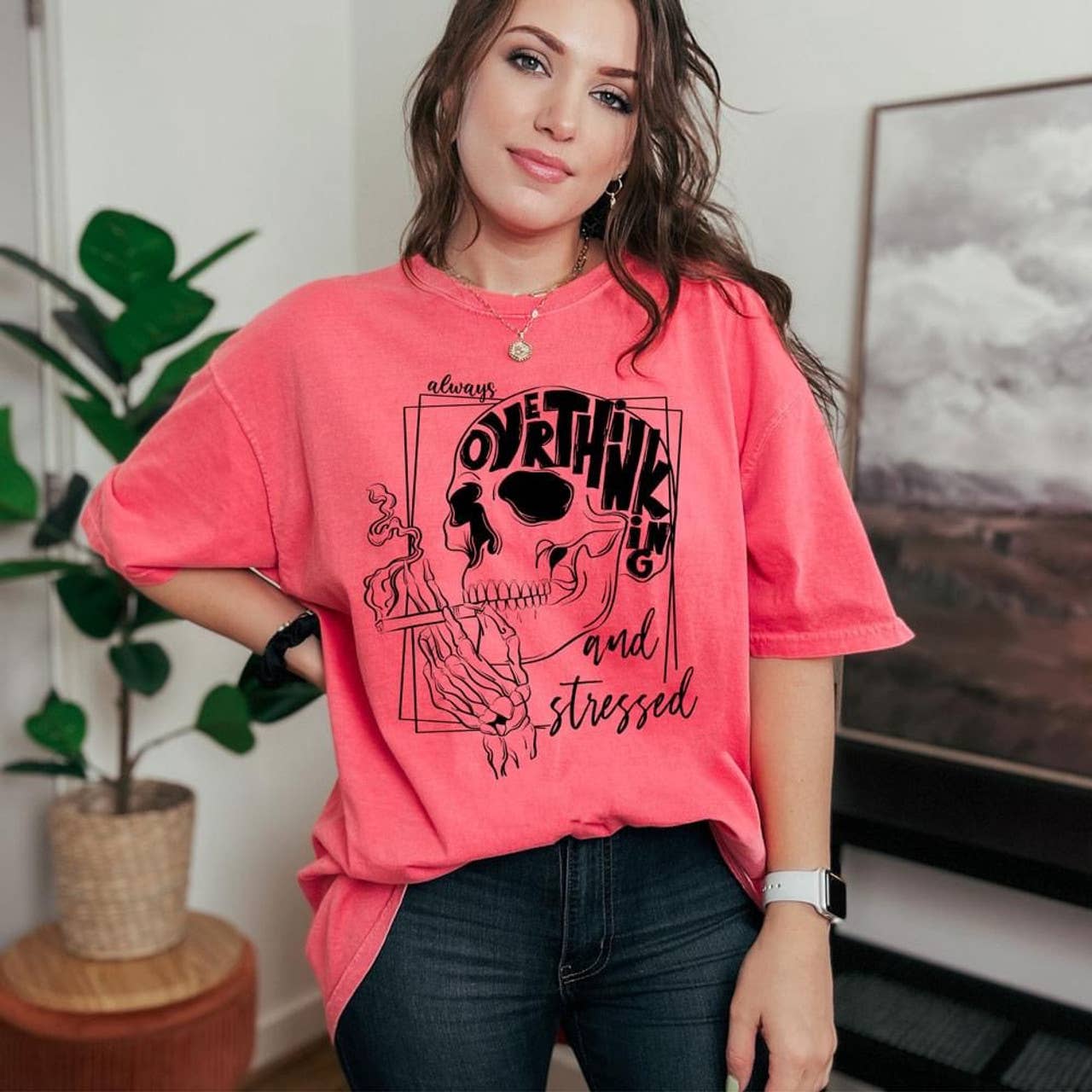 Trendy Tee Co. - Vente T-shirt à imprimés – femme - T-shirt Toujours en Train de Trop Réfléchir et Stressé0