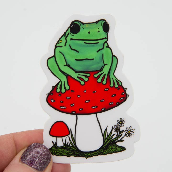 Frø sidder på en svamp vinylklistermærke for engroshandel hos Jennifer Schiano Studio