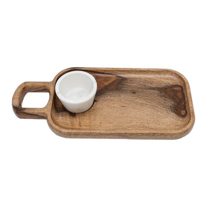 Foreside Home & Garden - Wholesale Condiment/Dip Bowl - Silas Sheesham Wood Serving Tray White Marble Bowl Set 2