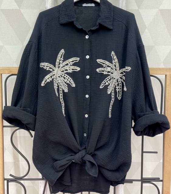 LOOWIE - Wholesale Button Down Shirt - Women's - PALMBL Black Palm Trees Oversized Gauze Cotton Shirt LOOWIE