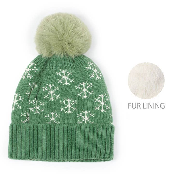 Wona Trading, Inc. - Wholesale Beanie - Women's - Snowflake Patterned Faux Fur Lining Knit Pom Pom Beanie Hat