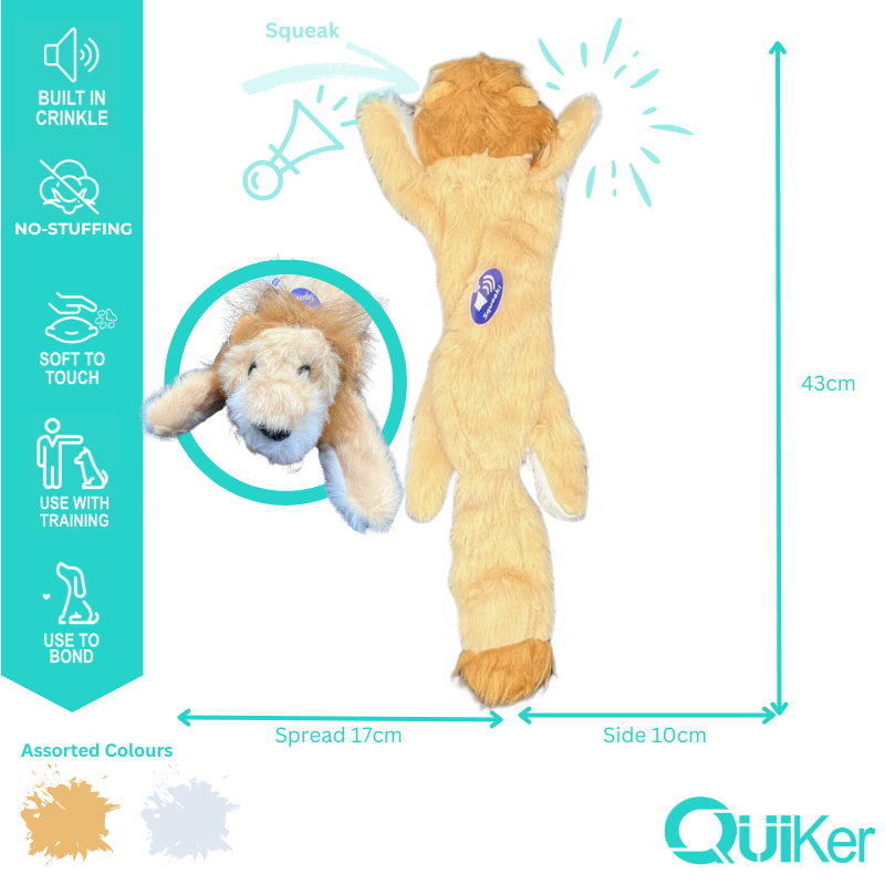 Quiker Pet Products - Vente Peluche – chien - Jouet pour chien sans rembourrage - Super doux - Couineur & Froissement - 43 cm - Lot de 62