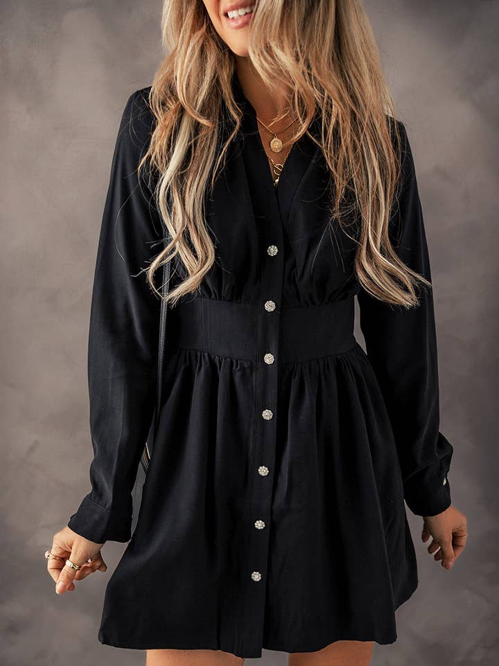 Black Elastic Cinched High Waist Long Sleeve Shirt Mini Dress for wholesale by Lovesoft