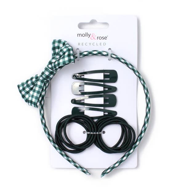 Bottle Green sleepies, elastics and gingham aliceband set for wholesale by Inca UK
