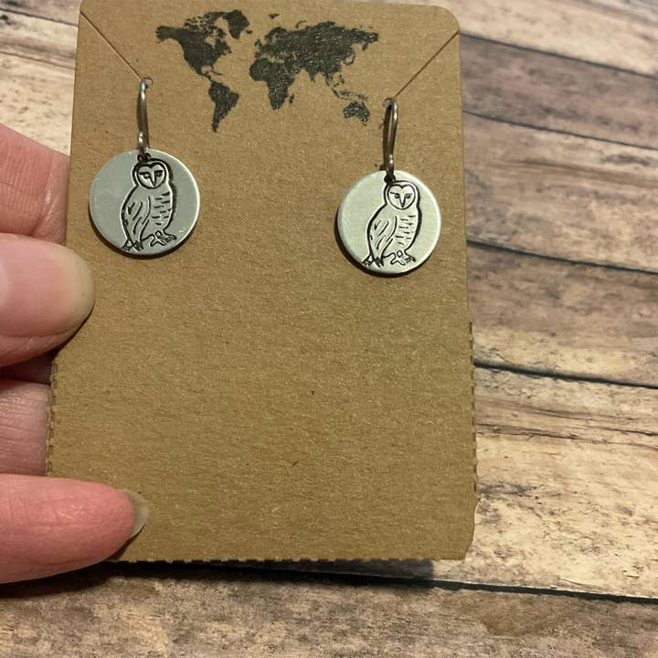 Jamie Haley Designs - Wholesale Dangle Earrings - Barn owl, snowy owl small circular earrings in silver color