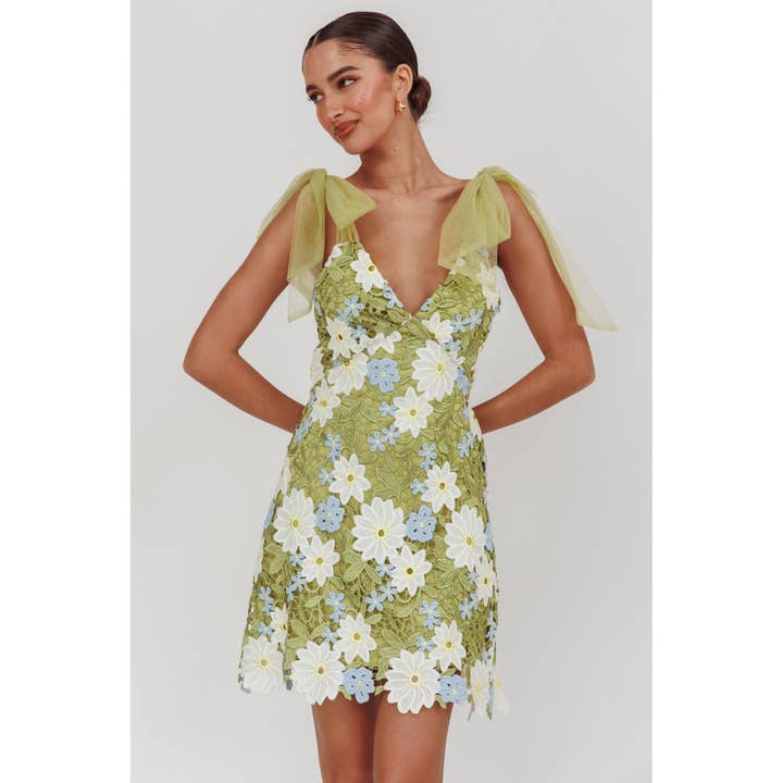 GREEN TULLE SHOULDER STRAP FLORAL MINI DRESS for wholesale on Faire