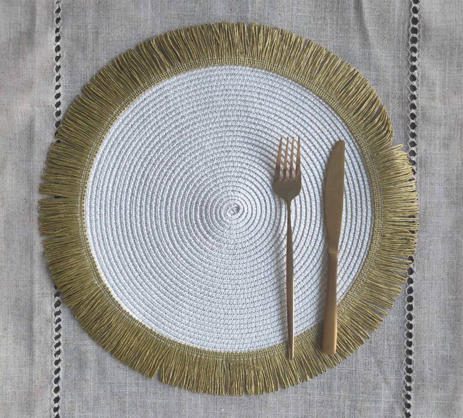Fennco Styles - Wholesale Placemat - Handwoven Fringe Boho 15" Round Placemat5