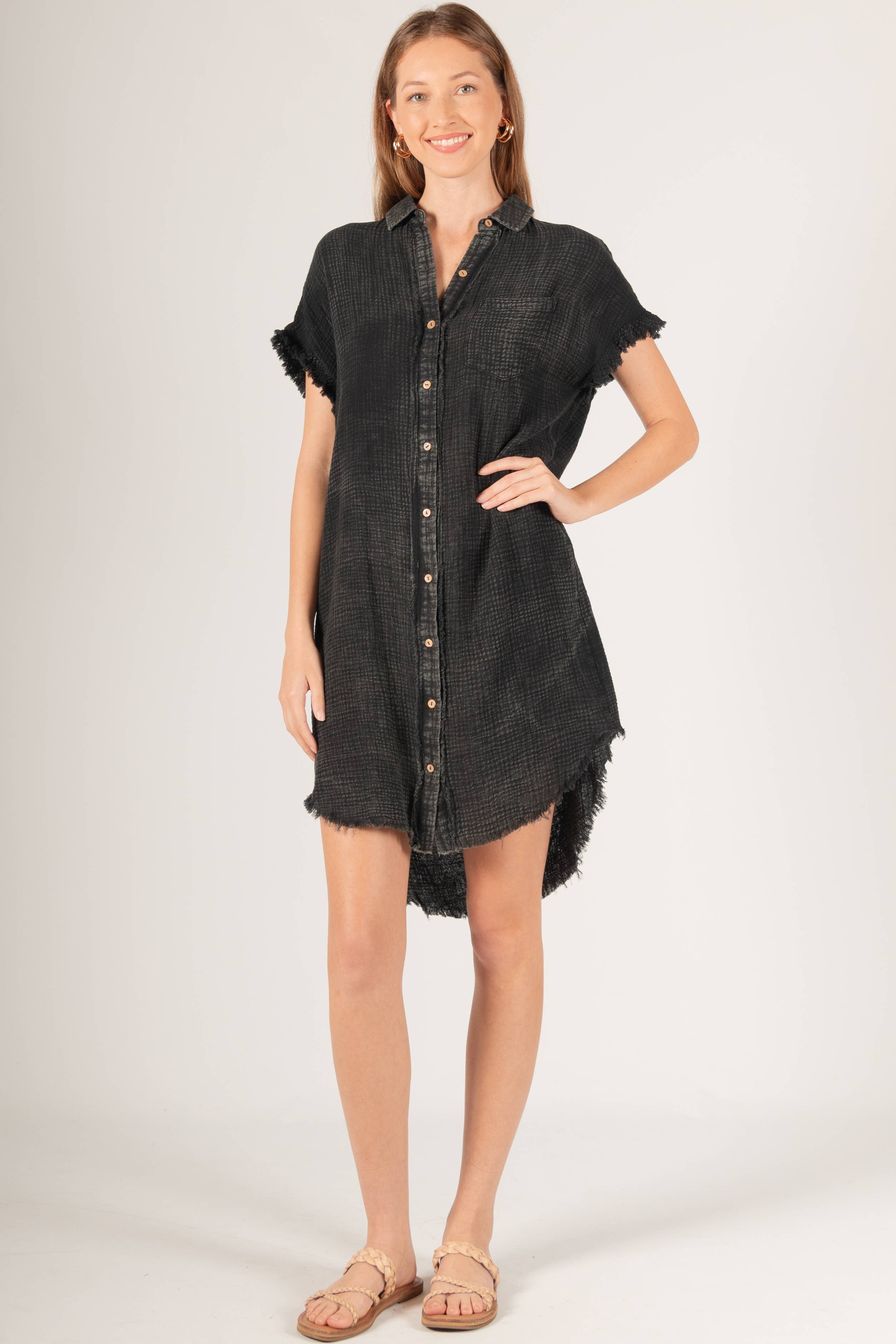 Before You Collection - Wholesale Dress - Women's - Washed Gauze Raw Edge Shirt Dress18