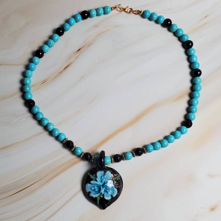 Gemstone Necklace: Turquoise Howlite with Floral Pendant for wholesale by Thorneapple Designs