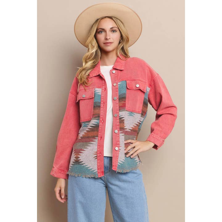WASHED AZTEC DENIM SHACKET for wholesale by Mapcie