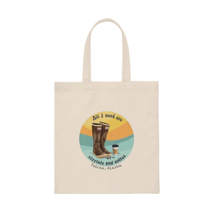 Xtratufs and Coffee Natural Cotton Tote Bag - Add Location for wholesale by Sarah Cochran Artist