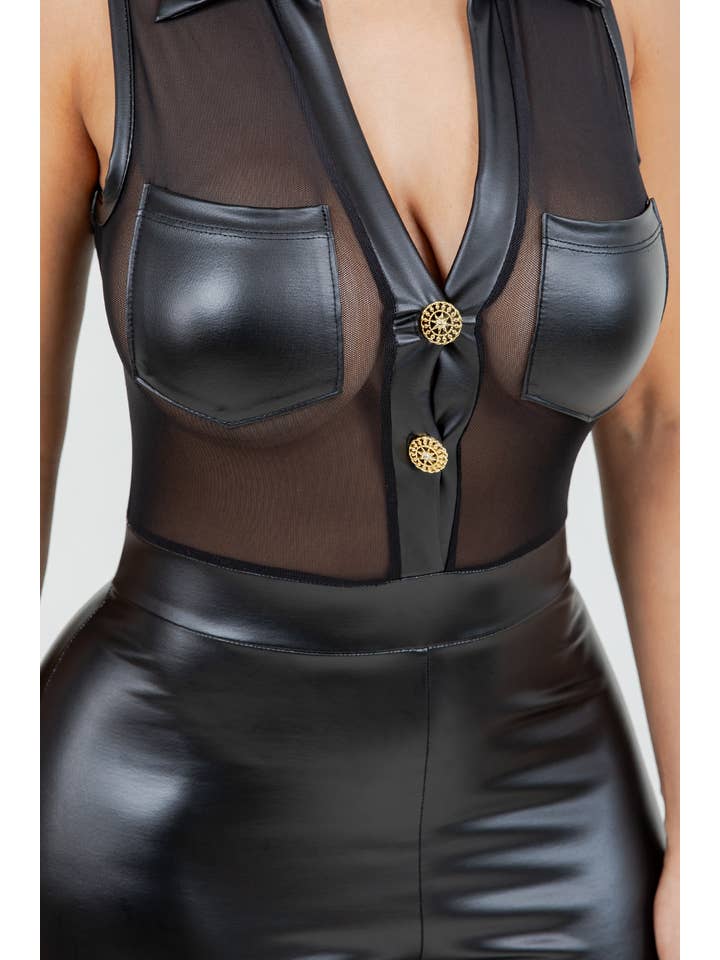 BLACK J7959 FAUX LEATHER JUMPSUIT WITH POCKETS AND MESH CONTRAST for wholesale on Faire1