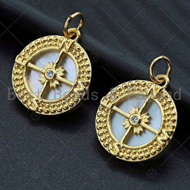 18K Gold CZ Micro Pave Compass on Mother-of-pearl Pendant Charm, Cubic Zirconia Compass Cross Charm, 16mm,sku#Z1133 for wholesale by BestBeads&Beyond