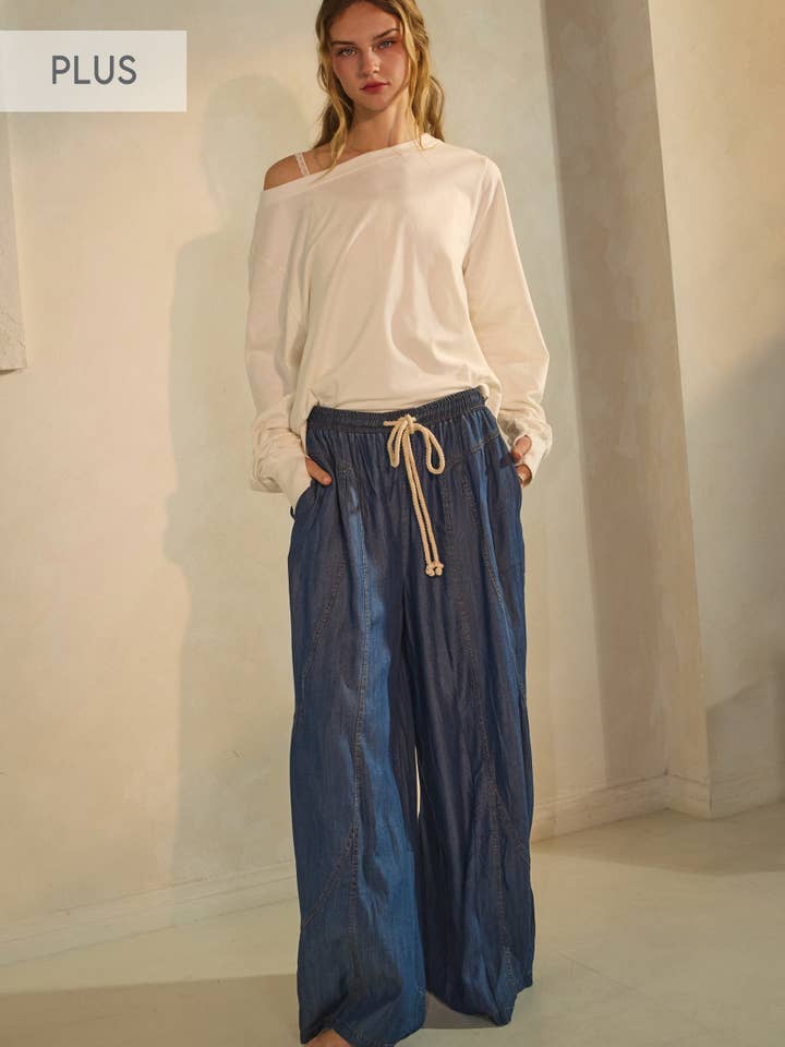 Plus Chambray Denim Wide Palazzo Pants for wholesale by Oddi