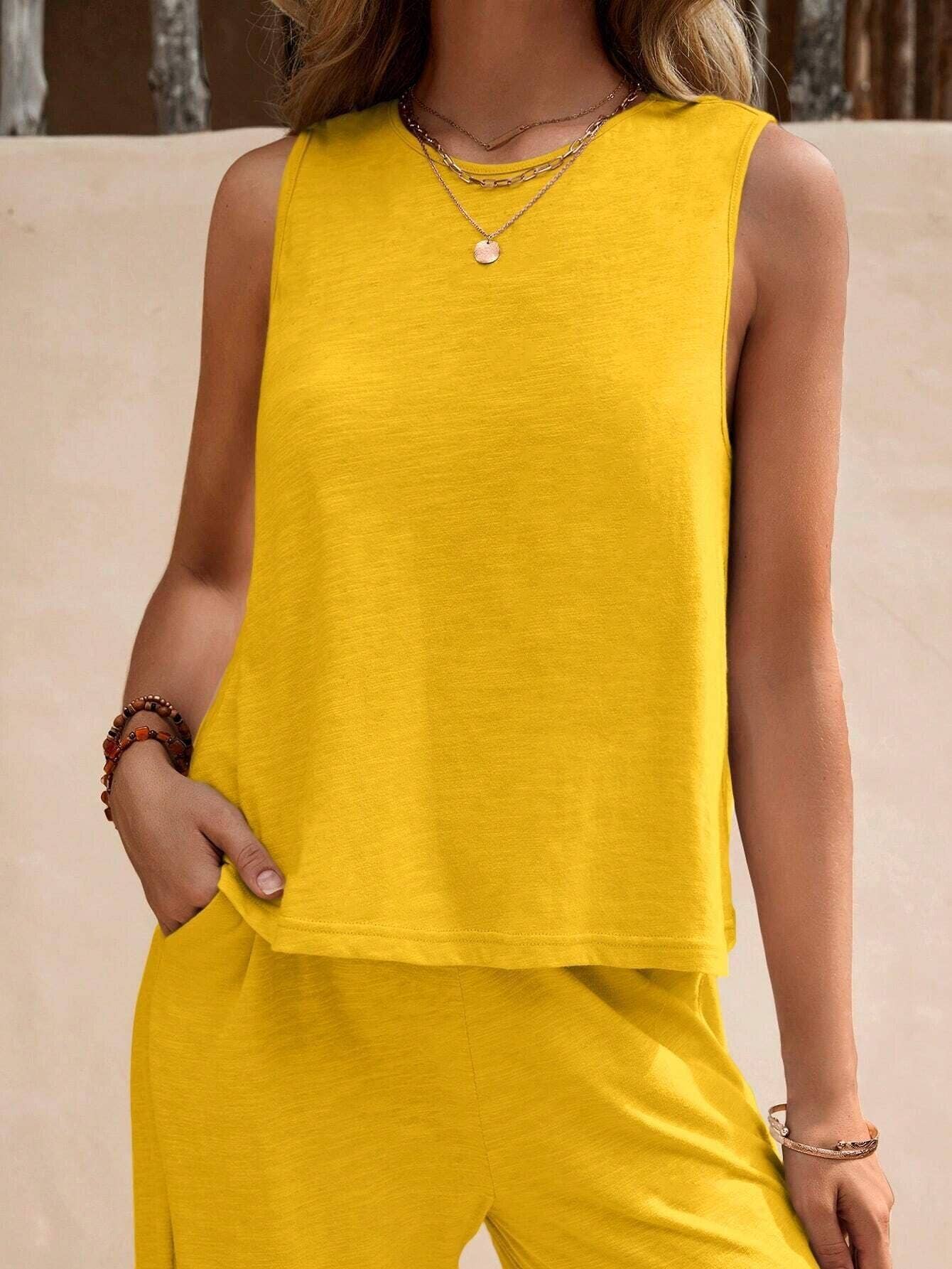 Sweetkama - Wholesale Top & Pant Set (NOT Loungewear) - Women's - Ladies Solid Color Sleeveless Vest and Pants Sets AXR3666