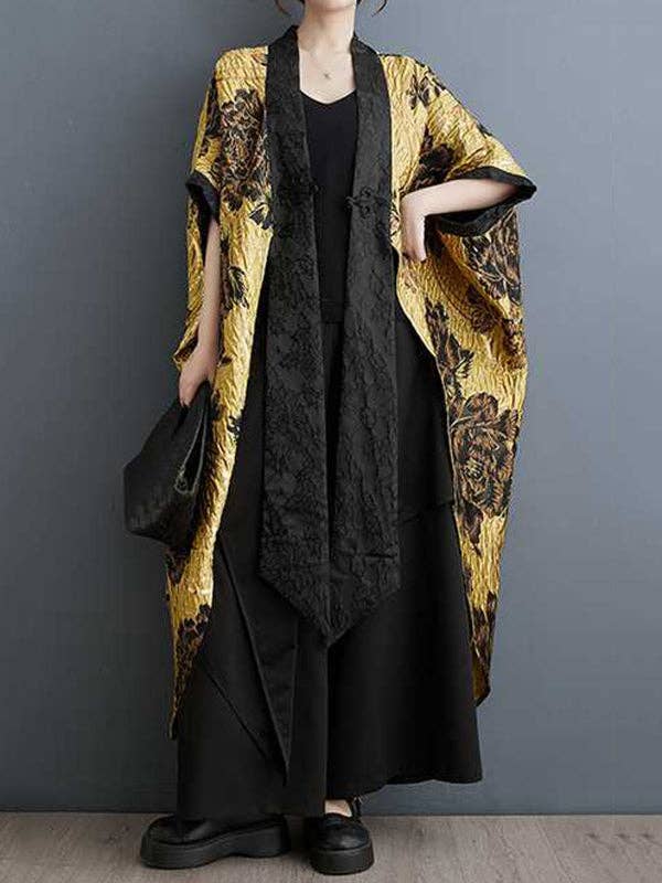 Sheer Trend - Vente Kimono – femme - Vêtements d'extérieur amples à manches chauve-souris ornés de fleurs et de boutons grenouilles chinois plissés à joint fendu et col en V3