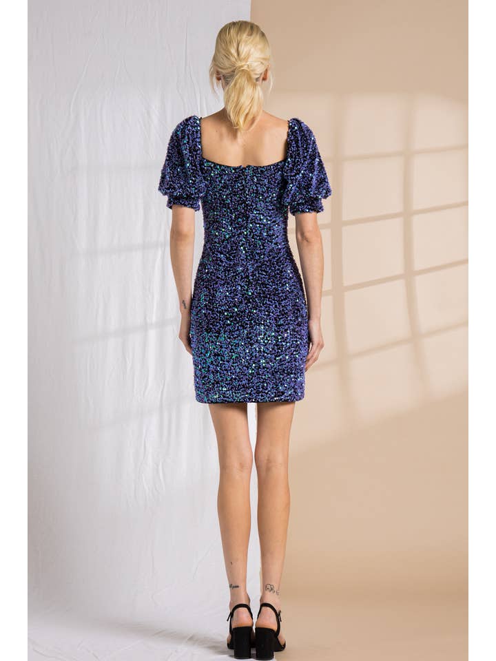 LENA - Wholesale Dress - Women's - Sequin Square Neck Balloon Short Sleeve Mini Dress